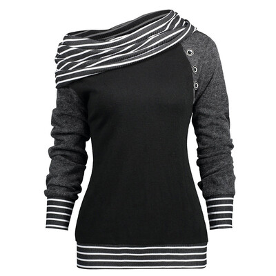 

Nomeni Fashion Women Bow-Neck Long Sleeve Striped PatchWord Button Sweatshirt Top