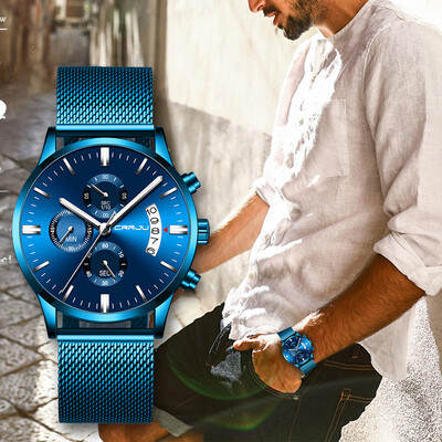 

Gobestart CRRJU Mens Watch Waterproof Calendar Steel Mesh with Chronograph Quartz Watch