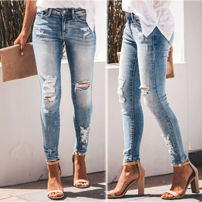 

Tailored Casual Women Skinny Ripped Jeans Distressed Denim Pants Hole Bottoms