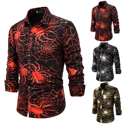 

Mens Halloween 3D Spider Web Print Long Sleeve Button Shirt Casual Lapel Top Blouse Male Fashion Printed Slim Fit Shirts Blouse
