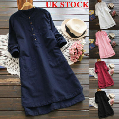 

UK Womens Cotton Linen Maxi Dress Long Sleeve Casual Kaftan Tunic Gypsy Ethnic