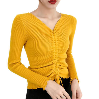 

Solid Color Drawstring V-neck Knitted Jumper Women Long Sleeve Slim Tops