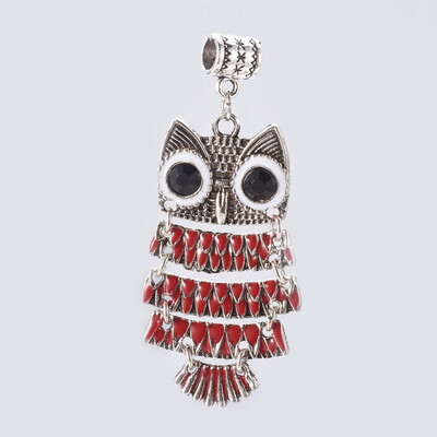 

Tibetan Style Alloy European Dangle Beads with Enamel&Rhinestone Owl Antique Silver Red 60mm Pendant 48x255x4mm