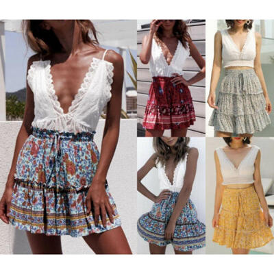 

Women Summer High Waist Mini Skirts Pleated Beachwear Chiffon Casual BOHO Dress