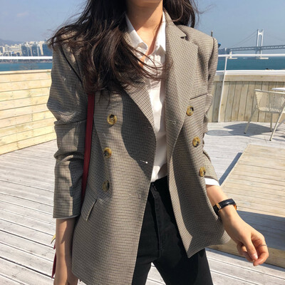 

Women Retro Spring Autumn Plaid Jackets Lapel Casual Long Sleeves Slim Warm Coat British Wind Blazer