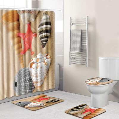 

Toponeto 4PCS Sea Style Non Slip Toilet Polyester Cover Mat Set Bathroom Shower Curtain