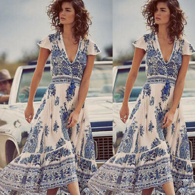 

Women Summer Boho Long Maxi Dress Evening Cocktail Party Beach Dress Sundress