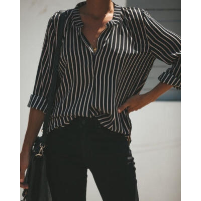 

US Womens Casual V Neck Long Sleeve Stripes Blouse Tops Ladies Oversized Shirts