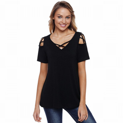 

Solid color V-neck short-sleeved shoulder cross ribbon casual shirt womens