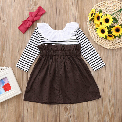 

Toddler Baby Girls Long Sleeves Strip Dot DressHeadband Outfit Clothing Sets