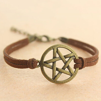 

Womens Vintage Mysterious Hollow Star Circle Layered Faux Leather Cord Bracelet