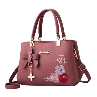 

Women Hot 2019 Fahion Handbags PU Leather Versatile Messenger Zipper Embroidered Flower Pendant Simple Portable Shoulder Bag