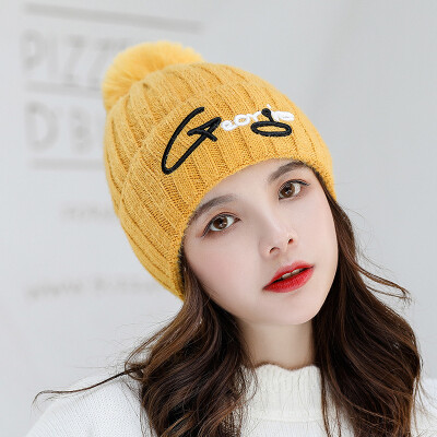 

2019 New Korean ladies fur ball letter Joker solid color wool hat warm winter pullover knitted hat tide