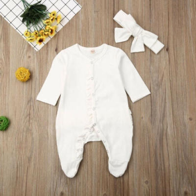 

2Pcs Infant Baby Boy Girl Footies Bodysuit Sleepwear Pyjamas Headband Autumn Clothes