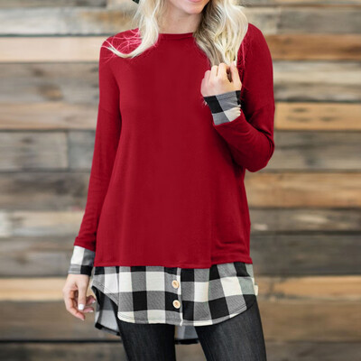 

Starmoon Women Lady Fashion Soild Button Tops Plaid Splice Long Sleeve Tunic Shirt Blouse