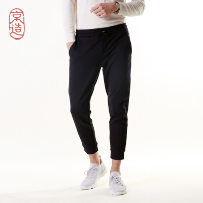 

JZAO Mens knit beam foot casual pants four sides draw drawstring solid color 2018 autumn&winter new black 36 18092A