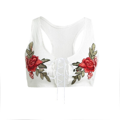 

Sexy Fashion Women Vest Crop Top Floral Embroidery Lace Up Scoop Neck Sleeveless Casual Short Blouse White