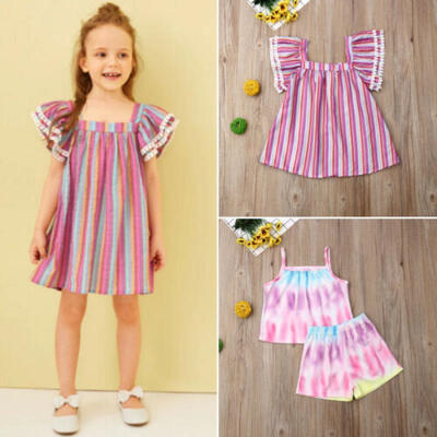 

UK Toddler Kid Baby Girl Clothes Rainbow Ruffle DressTopsShorts Outfit Sunsuit