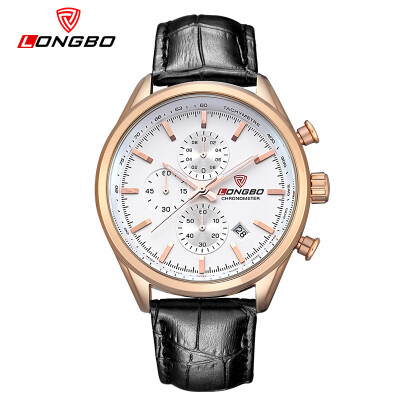 

Mens waterproof sports luminous three-eye six-needle single calendar casual belt watch mens student table 80179