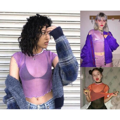 

Women Short Sleeve See-through Sheer Mesh Tops Casual Party Crop T-Shirt Blouse