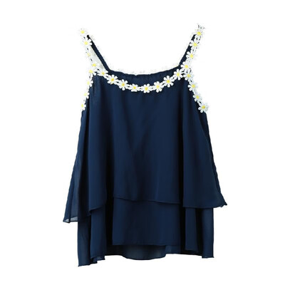 

Summer Women Chiffon Top Lace Flower Spaghetti Straps Sleeveless Loose Casual Cropped Top Swing Vest Dark Blue