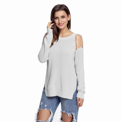 

Round neck long sleeve off-the-shoulder casual knit sweater
