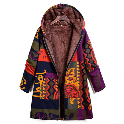 

Ethnic Plus Size Print Fleece Long Sleeve Hooded Coat Winter Women Outwear -3XL