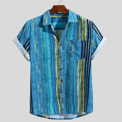 

Toponeto Mens Colorful Stripe Summer Short Sleeve Loose Buttons Casual Shirt Blouse