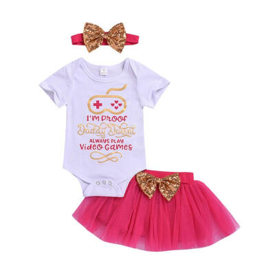 

Summer Baby Girl Casual Set Short Sleeve Letter Print Sequins Romper Tops Mesh Skirt And Bowknot Headband Outfits