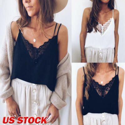 

Women Lace Vest Sleeveless Loose Camisole Casual V-Neck Tank Tops Blouse T-Shirt