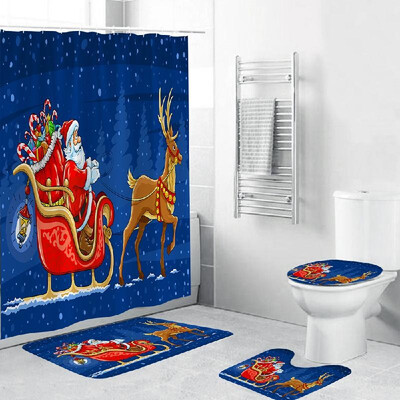 

4 Piece Christmas Theme Bathroom Decoration Non Slip Rug Toliet Cover Bath Mat Shower Curtain