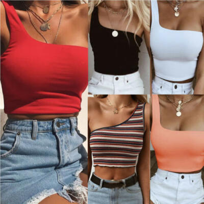 

Women One Shoulder Crop Top Sleeveless T-Shirt Blouses Short Summer Beach Vest