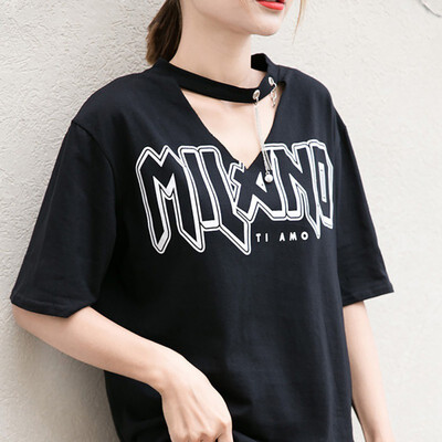 

Women Trend T-Shirt Letter Printed Cotton Tee Short-Sleeved V Neck Sexy T-shirt Loose Tops Tees