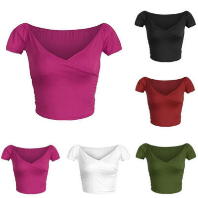 

Women Off Shoulder V-neck Short Sleeve Blouse Crop Tops Party Summer Clothes AU