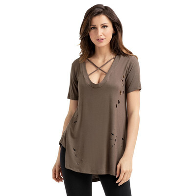 

V-neck short-sleeved cross neckline hole T-shirt