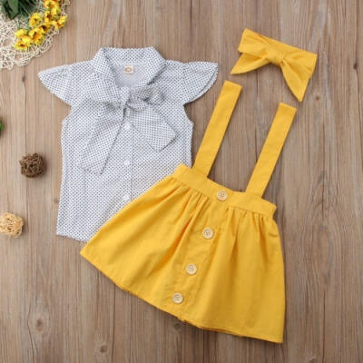 

Cute Baby Kids Girls Short Sleeve TopsSuspender Skirt Headband 3PCS Summer