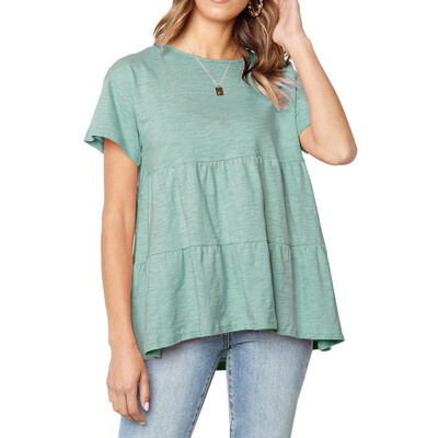 

Nomeni Women Solid Flounce O-neckline Design Short Sleeve Shirt Blouse Tops