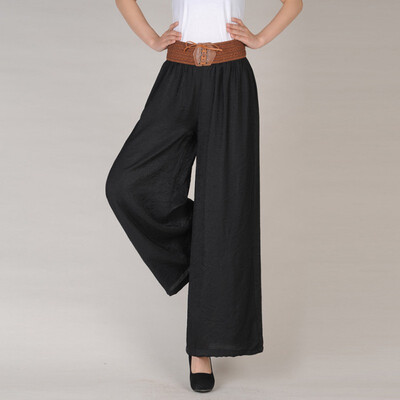 

Women Summer Solid Color Loose Wide Leg Loose Elastic High Waist Tie Straight Casual Nine Pants