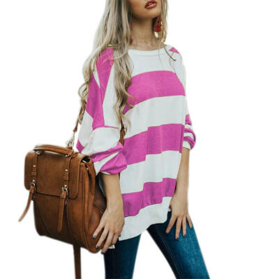 

Autumn Casual Women O-neck Split Stripe Splicing Color Long Sleeve Tops