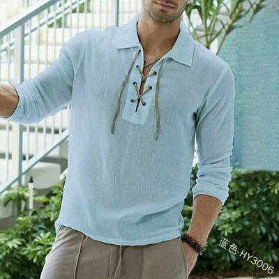 

Mens Cotton Linen Pullover Tops Tee Long Sleeve V Neck Casual Loose T Shirt