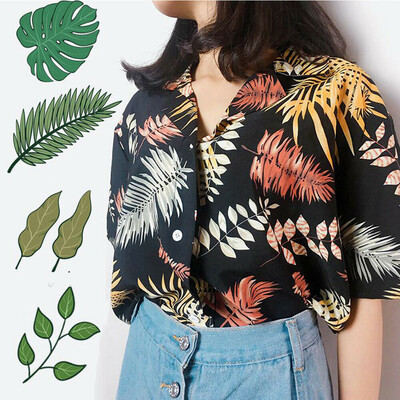 

Women Summer Casual Lapel Shirts Loose Half Sleeve Blouse Leaf Printed Tops
