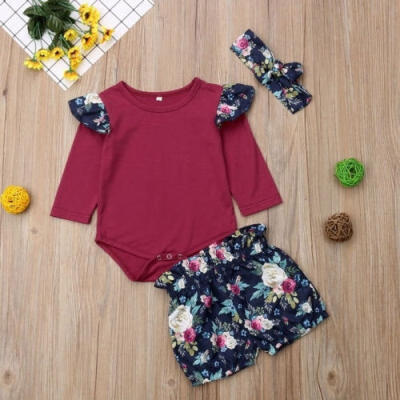 

Infant Baby Kids Girls Long Sleeve Solid Color Ruffle Romper TopFlower Shorts PantsHeadbans 3Pcs Outfit Set