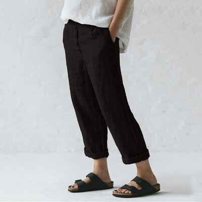 

Tailored Women Casual Solid Cotton Linen Pants Trousers Button Loose Wide Leg Pants