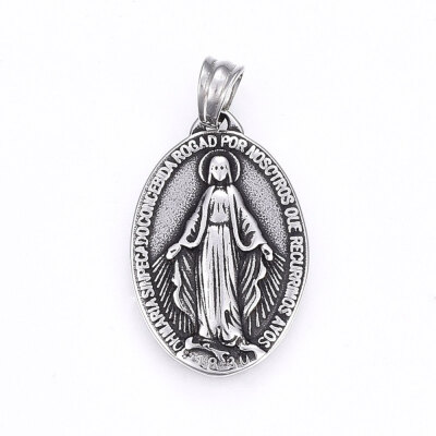 

304 Stainless Steel Pendants Oval with Virgin Mary Antique Silver 31x20x3mm Hole 5x6mm