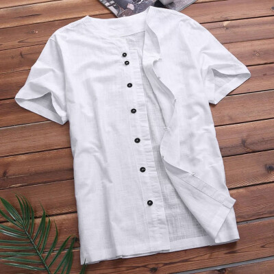 

Toponeto Mens Baggy Cotton Linen Solid Short Sleeve Button Retro T Shirts Tops Blouse