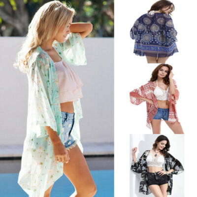

Summer Women Boho Chiffon Blouse Long Sleeve Cover Up Kimono Kaftan Beach Wear