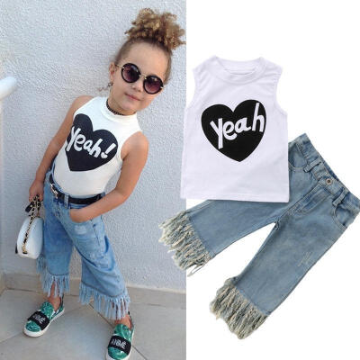 

Kids Baby Girl Fashion Summer Sleeveless Vest Top Denim Jeans Pants 2Pcs Casual Outfit Clothes Set 6M-5Y