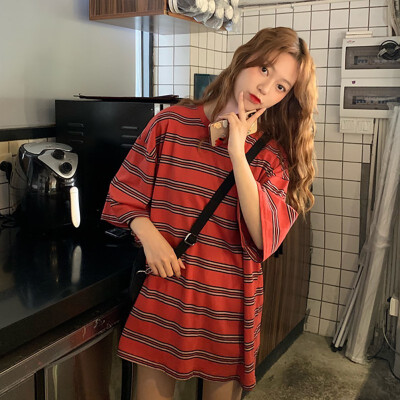 

Korean Style Fashion Women Striped O-Neck Loose Half Sleeve Tops