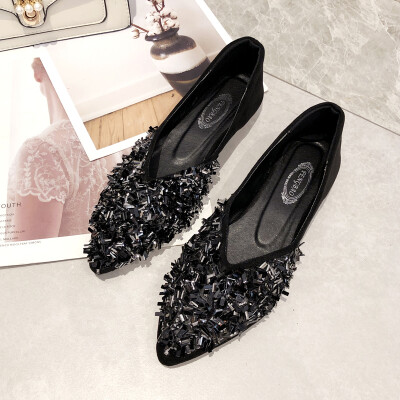 

Spring Korean version of rhinestone pointed shallow mouth fairy gentle shoes chic with flat shoes women