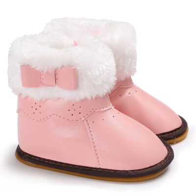 

Infant Toddler Newborn Girls Winter Bowknot Crib First Walkers PU Leather Keep Warm Soft Rubber Soled Baby Shoes